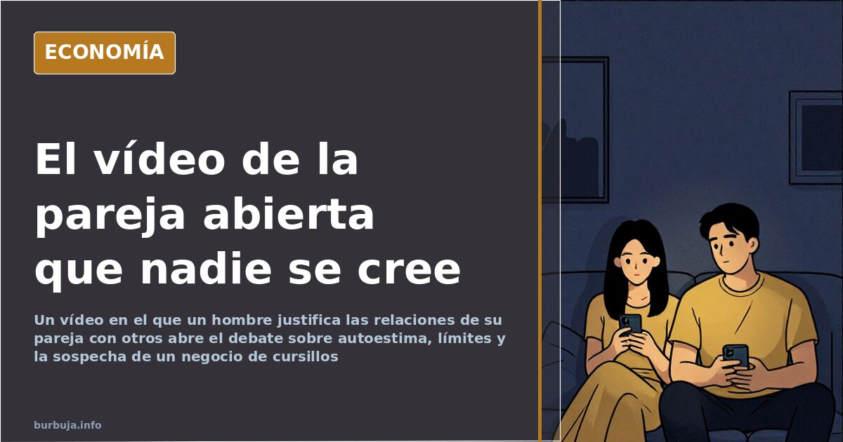 Ilustración editorial de un teléfono móvil emitiendo un vídeo de pareja abierta frente a una audiencia anónima