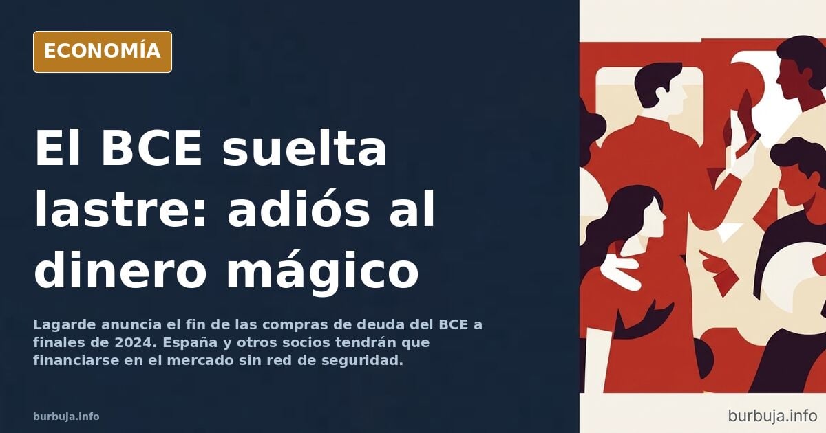 Ilustración editorial de un edificio del BCE con un gráfico de deuda pública española descendiendo