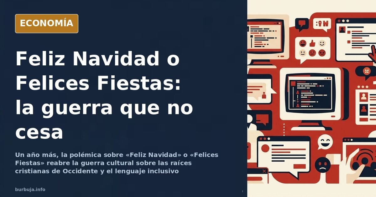 Ilustración editorial en azul marino y dorado con un árbol de Navidad y un Belén frente a un centro comercial iluminado