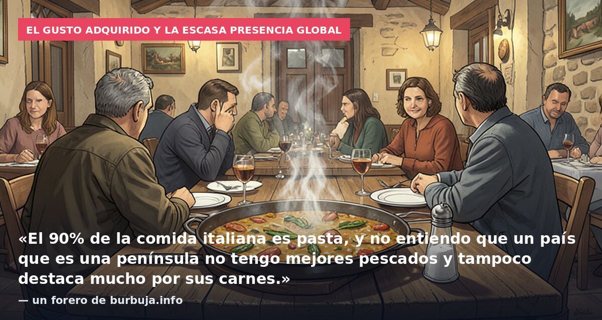 El gusto adquirido y la escasa presencia global: «El 90% de la comida italiana es pasta, y no entiendo que un país que es una península no tengo mejores pescados y tampoco destaca mucho por sus carnes.» — un forero de burbuja.info