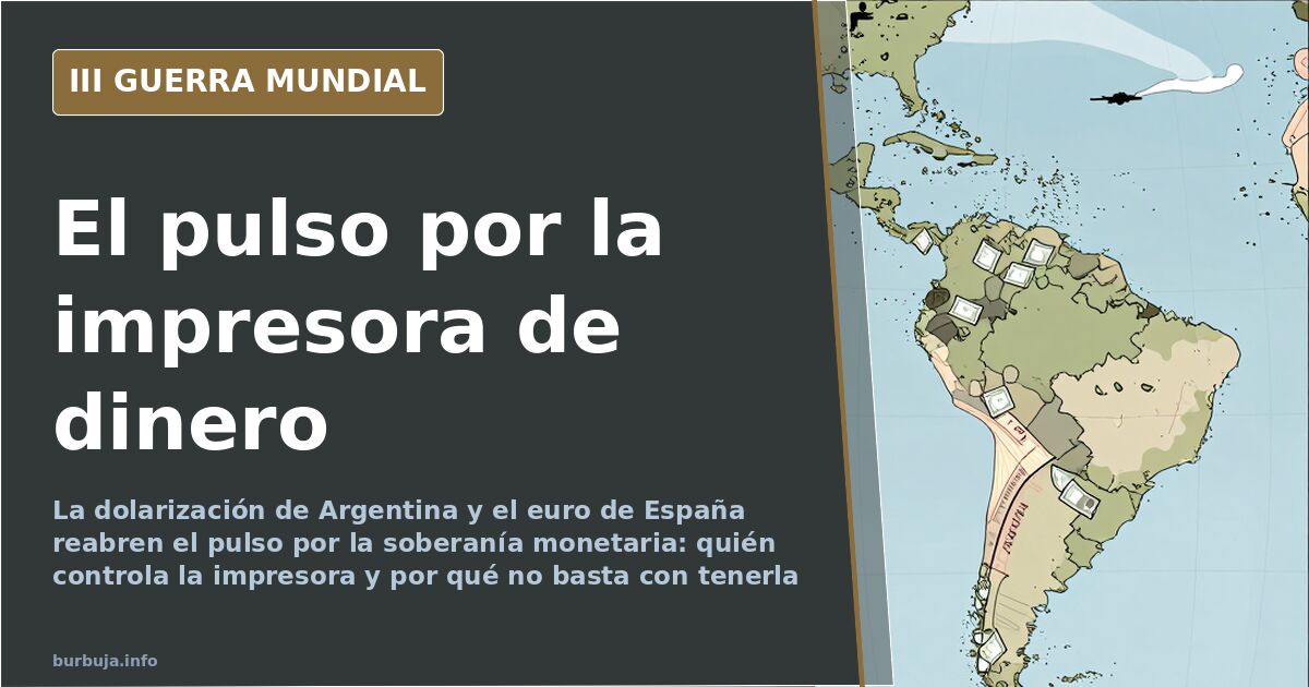 Billetes de dólar y de euro sobre un mapa de Sudamérica y Europa, con la silueta de un banco central al fondo