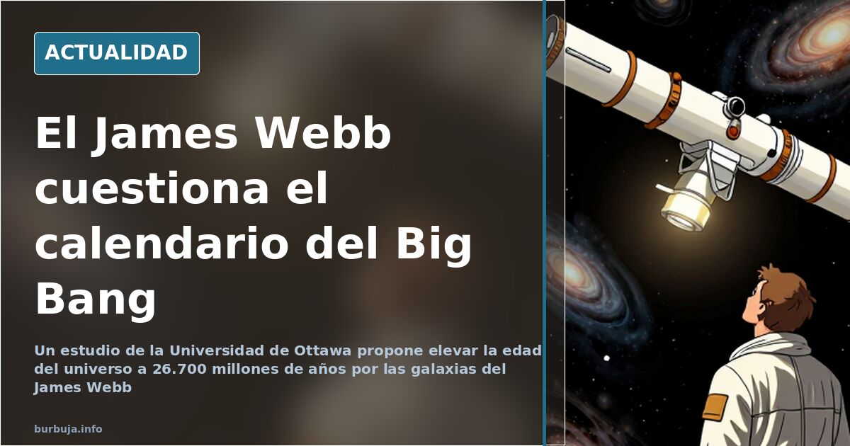 Ilustración editorial de un telescopio espacial observando galaxias espirales ya formadas al fondo, clave del problema del Bi