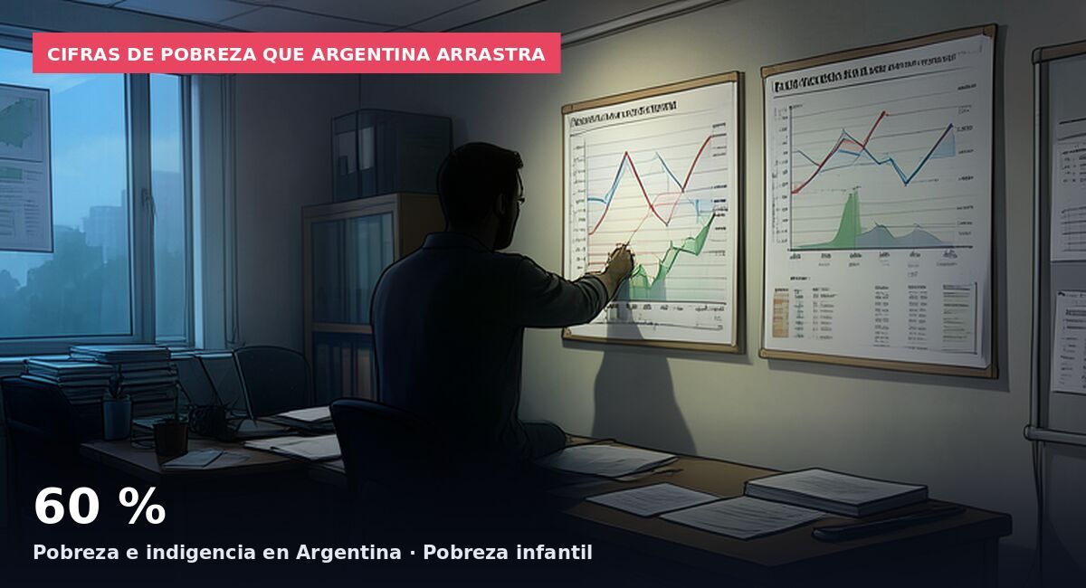 Cifras de pobreza que Argentina arrastra: 60 % Pobreza e indigencia en Argentina · Pobreza infantil