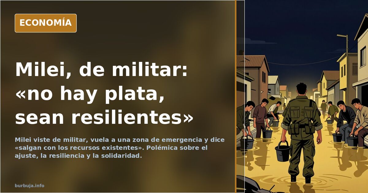 Ilustración editorial de un presidente argentino con uniforme de campaña ante una zona de emergencia, símbolo del ajuste econ