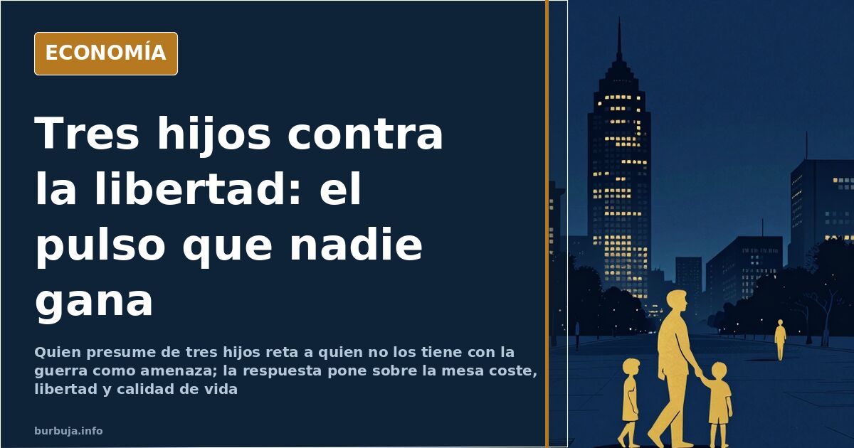 Ilustración editorial de un padre con tres hijos frente a una ciudad nocturna, en azul marino y dorado, sobre el coste de ten