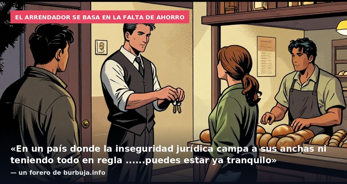 El arrendador se basa en la falta de ahorro: «En un país donde la inseguridad jurídica campa a sus anchas ni teniendo todo en regla ......puedes estar ya tranquilo» — un forero de burbuja.info