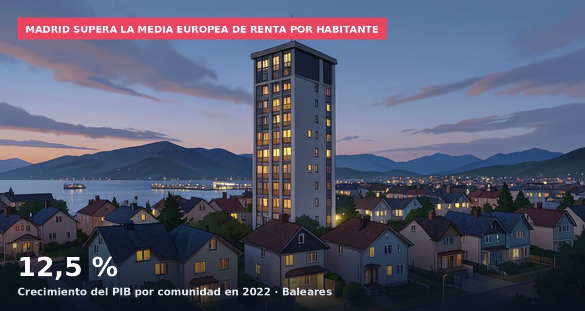 Madrid supera la media europea de renta por habitante: 12,5 % Crecimiento del PIB por comunidad en 2022 · Baleares