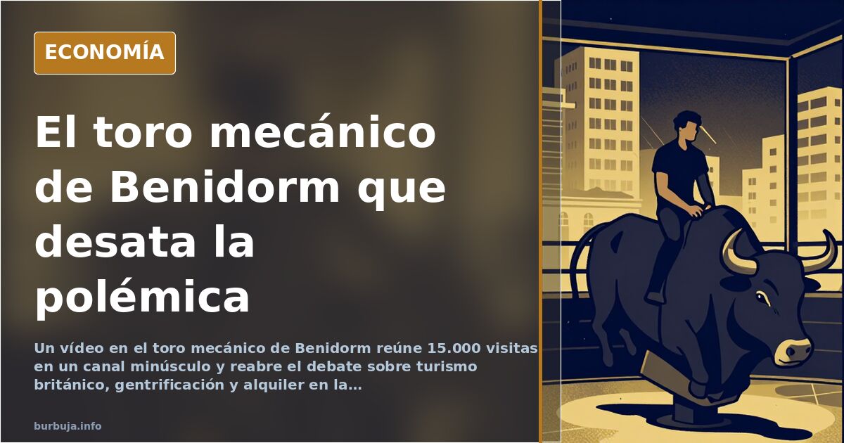 Ilustración editorial de un toro mecánico en un local de ocio de la costa, con público alrededor y luces de feria