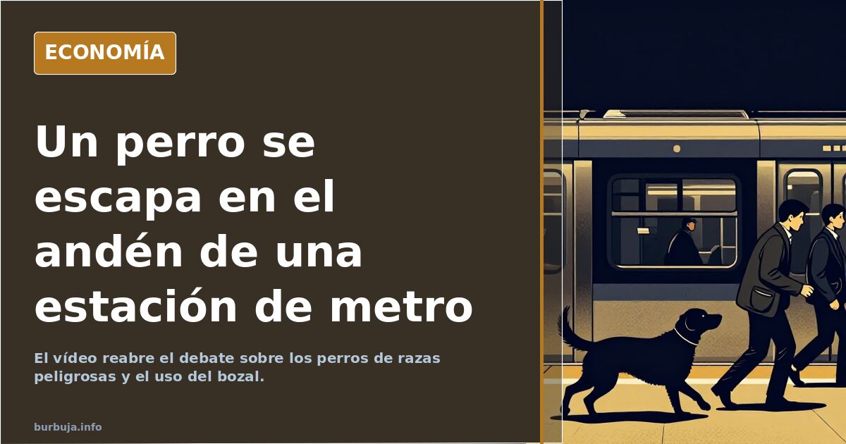 Dos perros de constitución fuerte sujetos con correa en el andén de una estación de metro, con un tren llegando al fondo