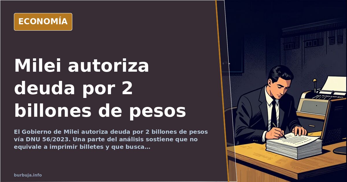 Ilustración editorial de un billete de peso argentino desintegrándose sobre un gráfico de deuda pública en alza
