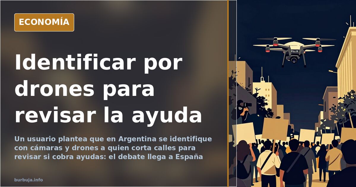 Ilustración editorial de una calle cortada vista desde un dron con siluetas de manifestantes y un expediente de ayudas públic