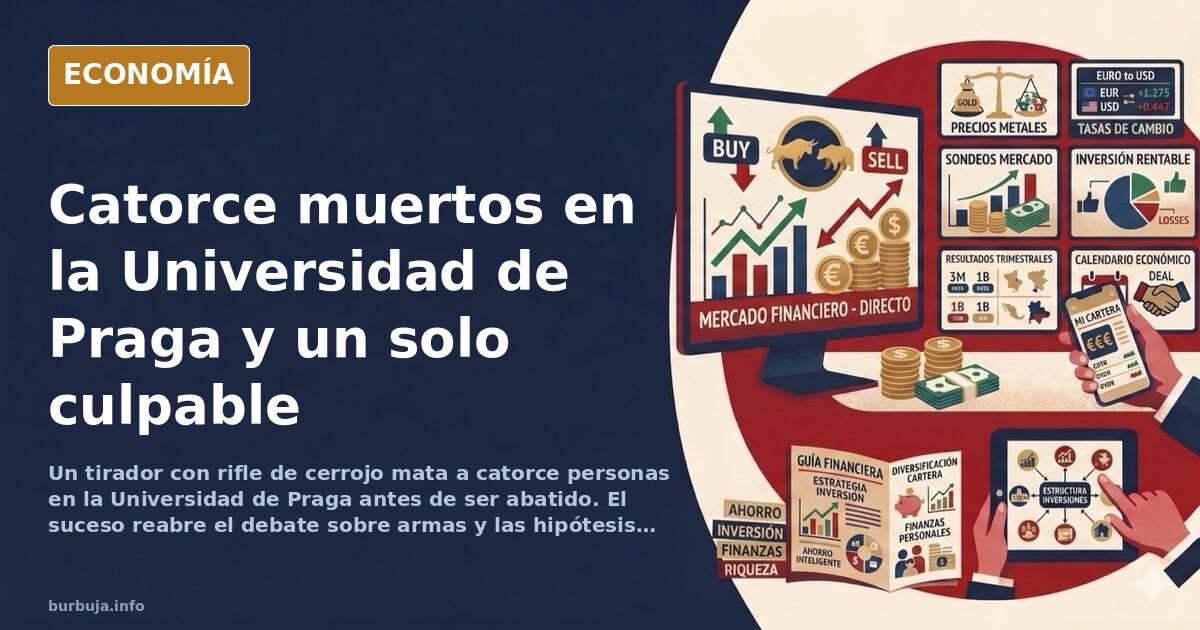 Ilustración editorial de la fachada de la Universidad de Praga evacuada tras el tiroteo, con el edificio vacío al fondo