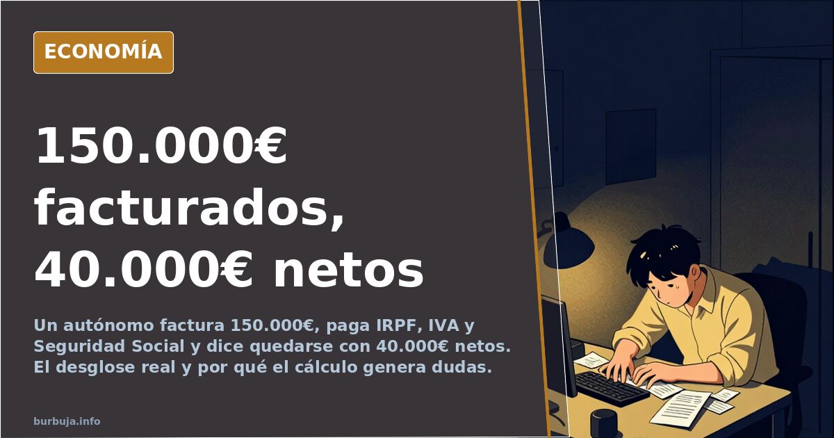 Ilustración editorial de un autónomo calculando impuestos sobre una factura de 150.000 euros con Hacienda y Seguridad Social 