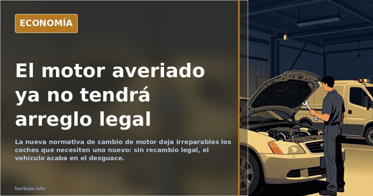 Motor de combustión desmontado junto a una llave inglesa sobre fondo oscuro, símbolo de la nueva normativa de cambio de motor