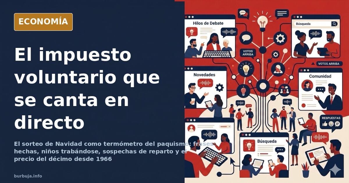 Ilustración editorial del Teatro Real durante el sorteo de la Lotería de Navidad con bolas doradas y niños cantando números