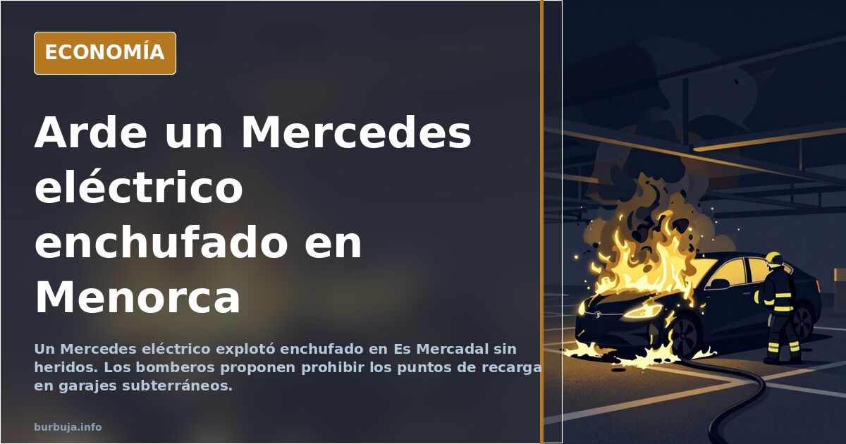 Coche eléctrico Mercedes calcinado junto a un punto de carga en el aparcamiento de Es Mercadal, en Menorca