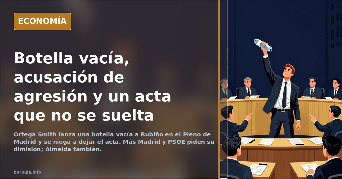 Ilustración editorial de un hemiciclo con una botella de agua vacía volando sobre escaños vacíos en tonos azul marino y dorad
