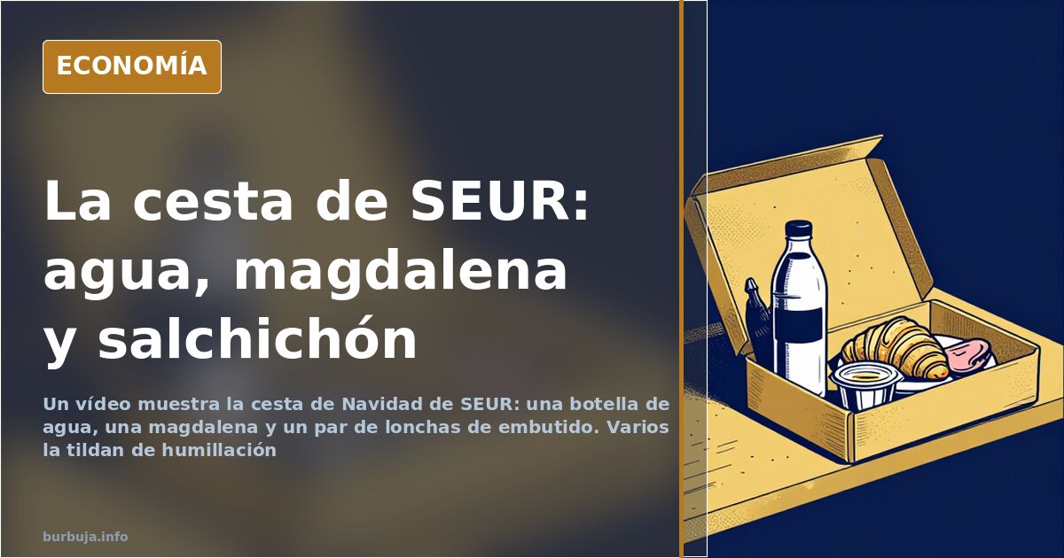 Caja abierta de la cesta de Navidad de SEUR con una botella de agua, una magdalena y lonchas de embutido sobre una mesa