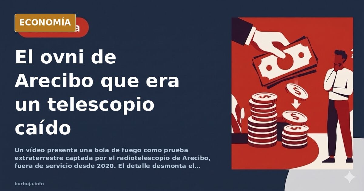 Ilustración editorial de una gran antena de radiotelescopio caída frente a una bola de fuego en el cielo nocturno