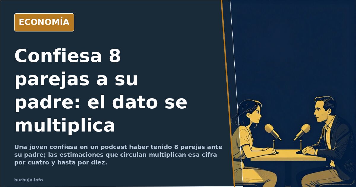 Joven respondiendo ante un hombre mayor en un plató de podcast, gesto de sorpresa, ilustración editorial azul marino y dorado