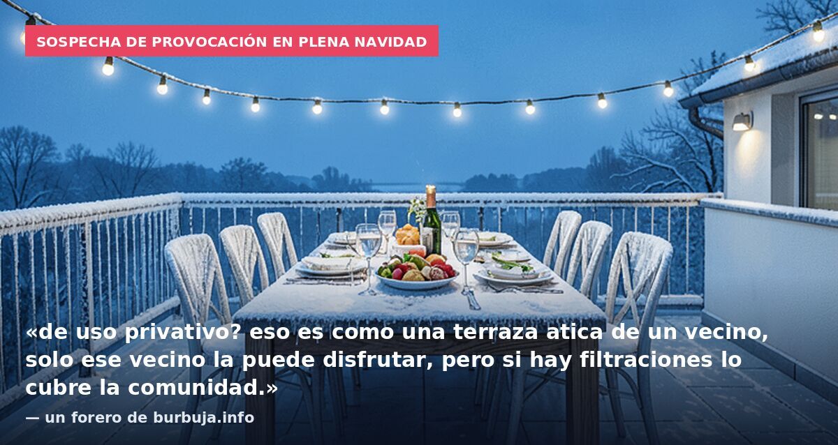 Sospecha de provocación en plena Navidad: «de uso privativo? eso es como una terraza atica de un vecino, solo ese vecino la puede disfrutar, pero si hay filtraciones lo cubre la comunidad.» — un forero de burbuja.info