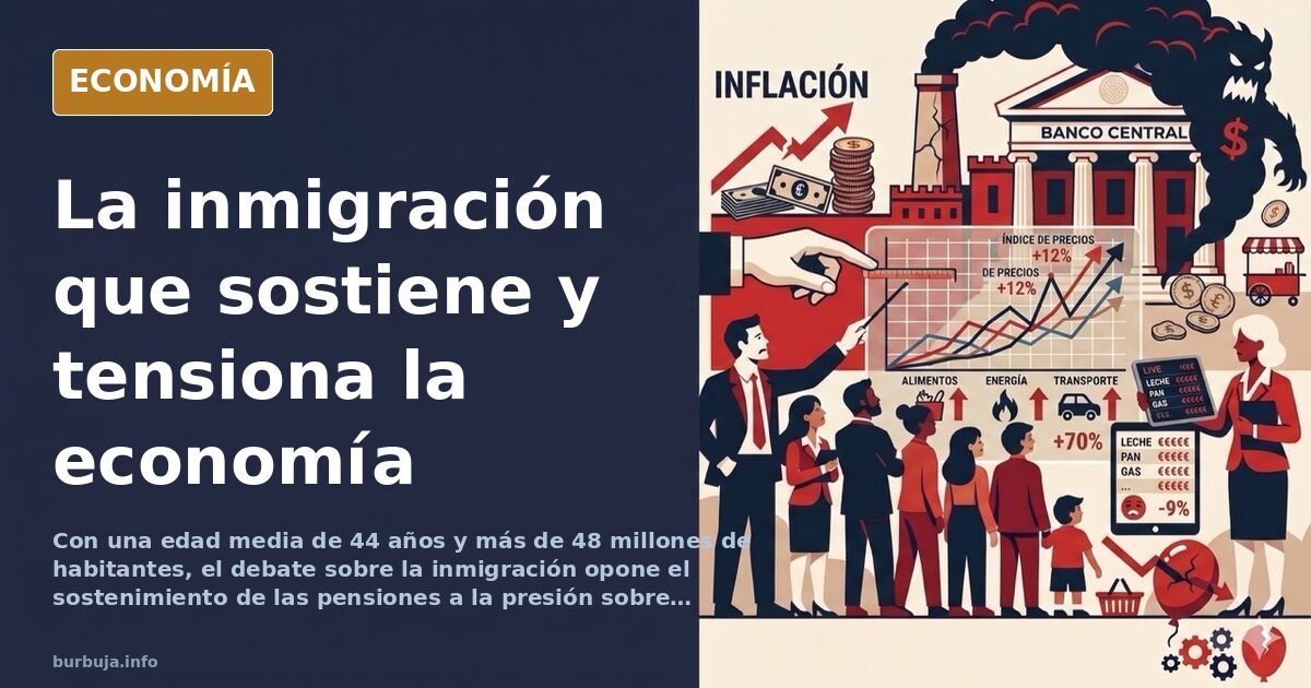 Ilustración editorial de una balanza que contrapesa una población envejecida y un flujo de trabajadores jóvenes en un país eu