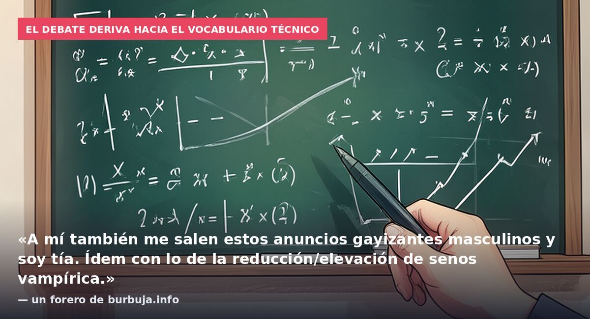 El debate deriva hacia el vocabulario técnico: «A mí también me salen estos anuncios gayizantes masculinos y soy tía. Ídem con lo de la reducción/elevación de senos vampírica.» — un forero de burbuja.info