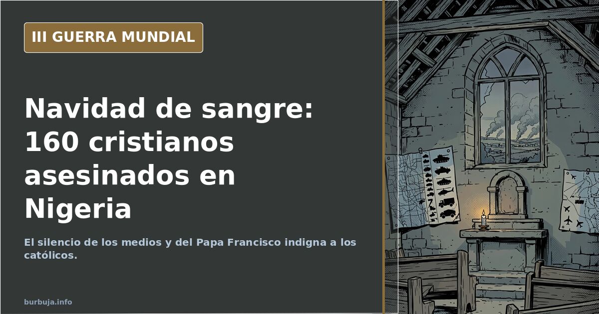 Ilustración documental de una iglesia en ruinas en Nigeria tras un ataque islamista, con siluetas de fieles y humo en el hori