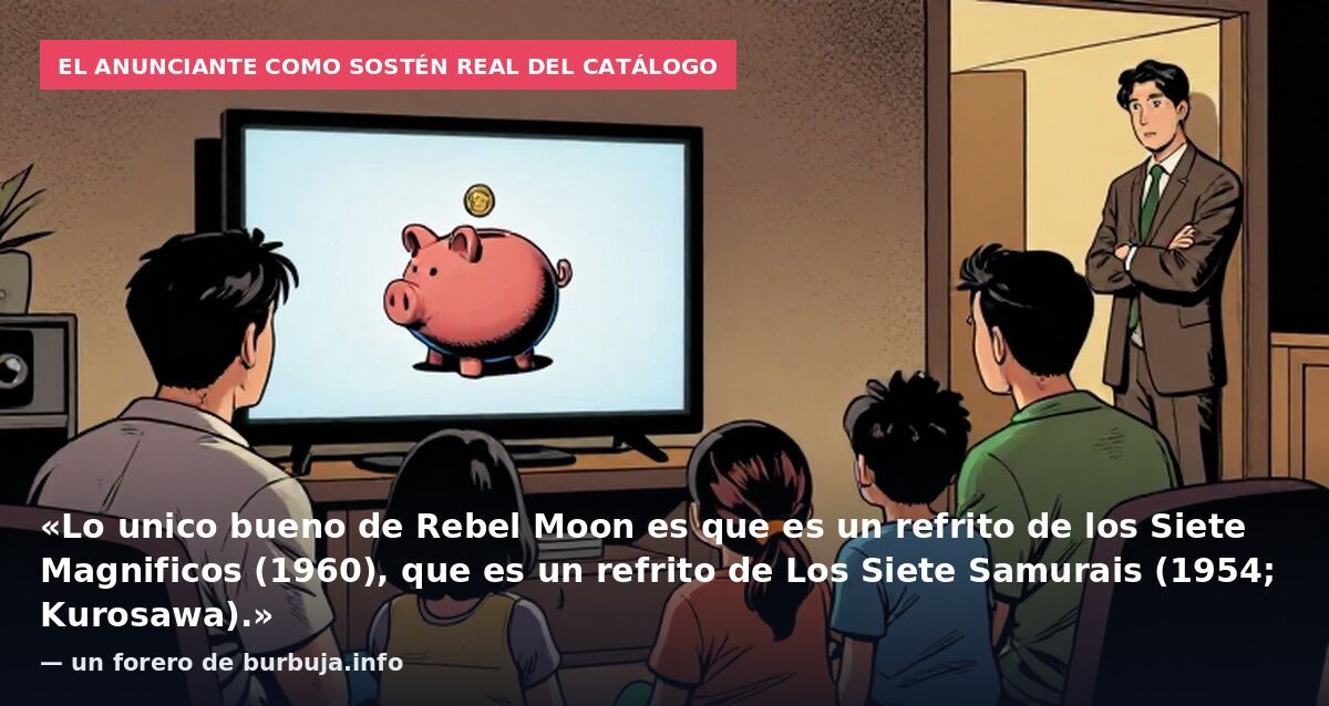 El anunciante como sostén real del catálogo: «Lo unico bueno de Rebel Moon es que es un refrito de los Siete Magnificos (1960), que es un refrito de Los Siete Samurais (1954; Kurosawa).» — un forero de burbuja.info