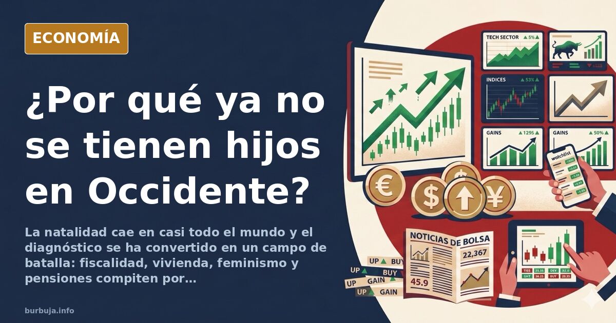 Ilustración editorial sobre la caída de la natalidad en Occidente con gráficos demográficos y siluetas de parejas