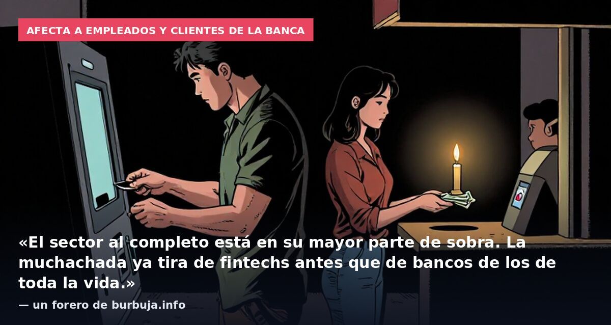 Afecta a empleados y clientes de la banca: «El sector al completo está en su mayor parte de sobra. La muchachada ya tira de fintechs antes que de bancos de los de toda la vida.» — un forero de burbuja.info