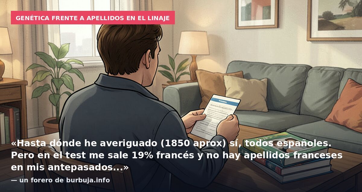 Genética frente a apellidos en el linaje: «Hasta dónde he averiguado (1850 aprox) sí, todos españoles. Pero en el test me sale 19% francés y no hay apellidos franceses en mis antepasados...» — un forero de burbuja.info
