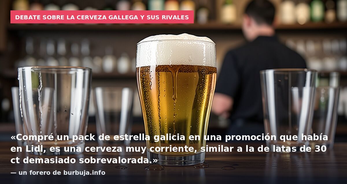 Debate sobre la cerveza gallega y sus rivales: «Compré un pack de estrella galicia en una promoción que había en Lidl, es una cerveza muy corriente, similar a la de latas de 30 ct demasiado sobrevalorada.» — un forero de burbuja.info