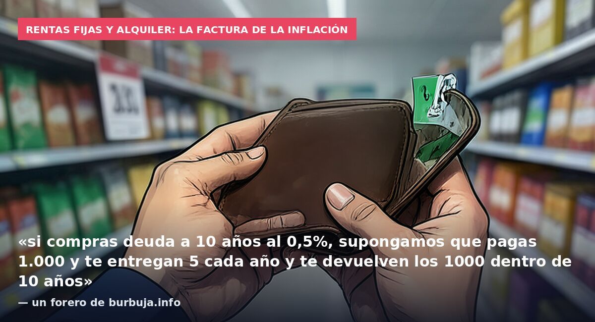 Rentas fijas y alquiler: la factura de la inflación: «si compras deuda a 10 años al 0,5%, supongamos que pagas 1.000 y te entregan 5 cada año y te devuelven los 1000 dentro de 10 años» — un forero de burbuja.info