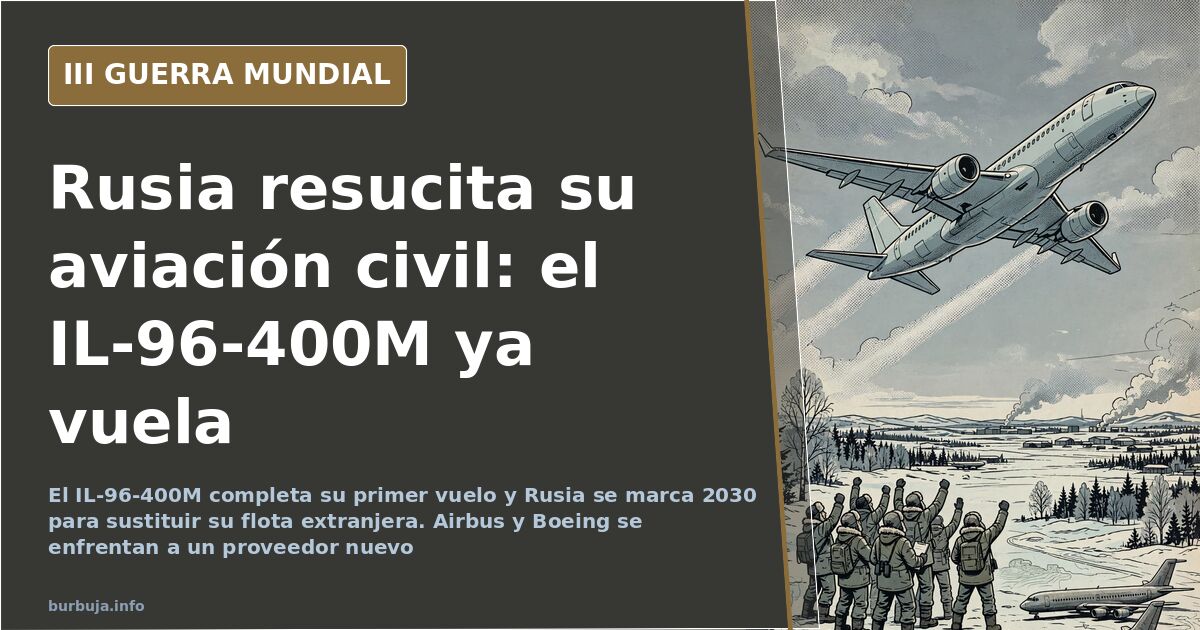 Silueta de un avión comercial de fuselaje ancho cuatrimotor sobre pista nevada, con mapa de rutas euroasiáticas al fondo