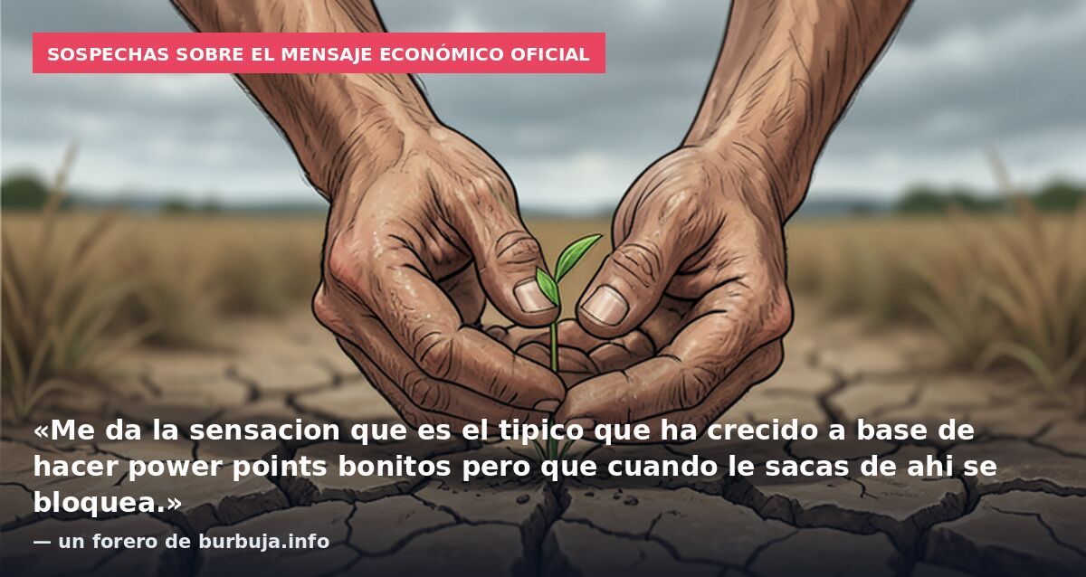 Sospechas sobre el mensaje económico oficial: «Me da la sensacion que es el tipico que ha crecido a base de hacer power points bonitos pero que cuando le sacas de ahi se bloquea.» — un forero de burbuja.info