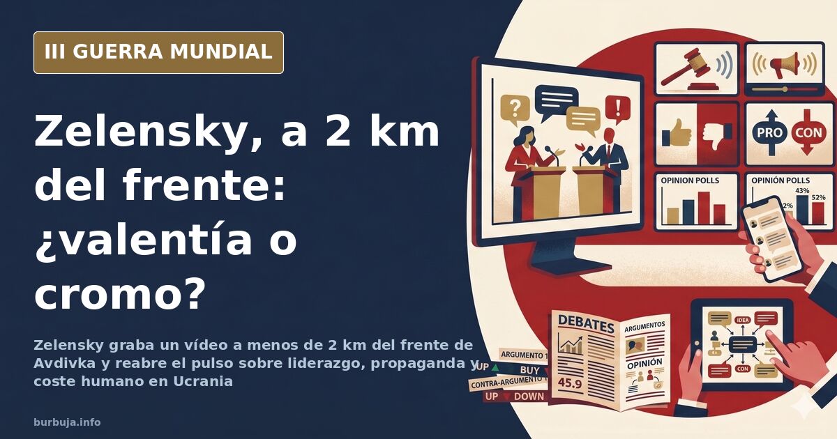 Silueta de un mandatario junto a un vehículo militar en una carretera desolada cerca de Avdivka, con humo lejano en el horizo