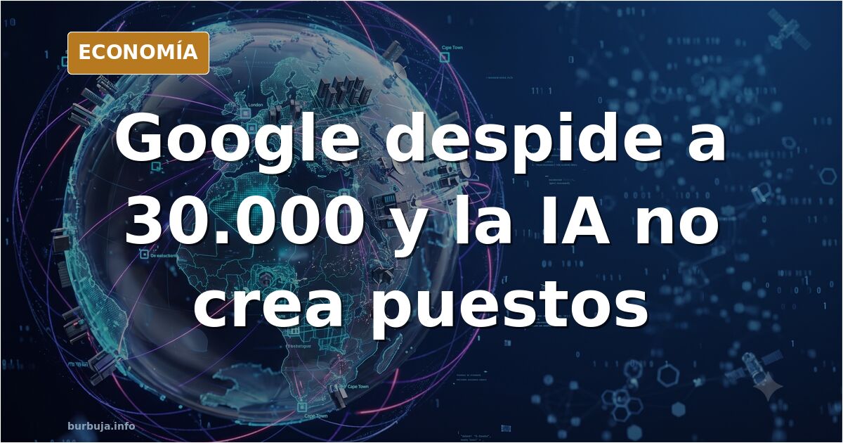 Ilustración editorial de oficinas vacías en tonos azul marino y dorado simbolizando los despidos en Google por la inteligenci