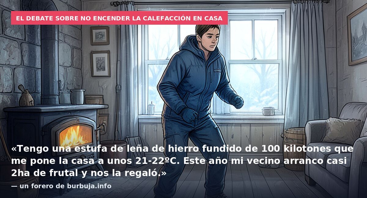 El debate sobre no encender la calefacción en casa: «Tengo una estufa de leña de hierro fundido de 100 kilotones que me pone la casa a unos 21-22ºC. Este año mi vecino arranco casi 2ha de frutal y nos la regaló.» — un forero de burbuja.info