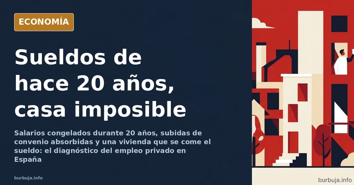 Ilustración editorial de un trabajador frente a una torre de oficinas con salarios congelados y vivienda inalcanzable