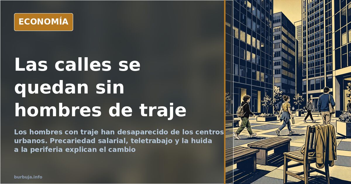 Avenida urbana con hombres de traje caminando entre una multitud, ilustración editorial en azul marino y dorado