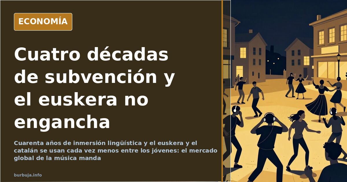 Escena de adolescentes con auriculares frente a un cartel de concierto en euskera y catalán