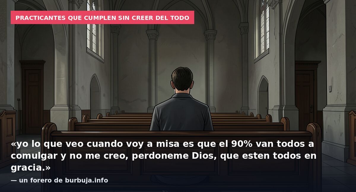 Practicantes que cumplen sin creer del todo: «yo lo que veo cuando voy a misa es que el 90% van todos a comulgar y no me creo, perdoneme Dios, que esten todos en gracia.» — un forero de burbuja.info