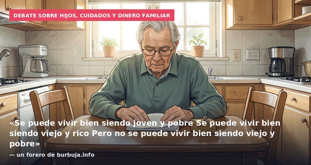 Debate sobre hijos, cuidados y dinero familiar: «Se puede vivir bien siendo joven y pobre
Se puede vivir bien siendo viejo y rico
Pero no se puede vivir bien siendo viejo y pobre» — un forero de burbuja.info