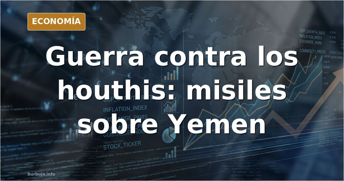 Ilustración editorial de un estrecho marítimo con buques de carga y estelas de misiles sobre un mapa de Yemen y el mar Rojo