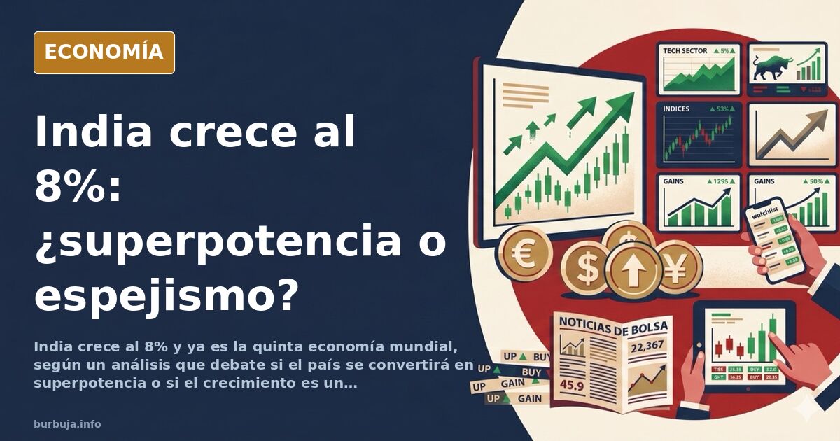Gráfico de crecimiento económico de India con silueta de rascacielos y multitudes, en tonos azul marino y dorado