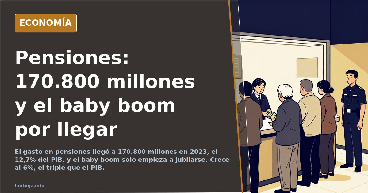 Ilustración editorial sobre el gasto en pensiones en España y la jubilación del baby boom, con una pirámide de población enve