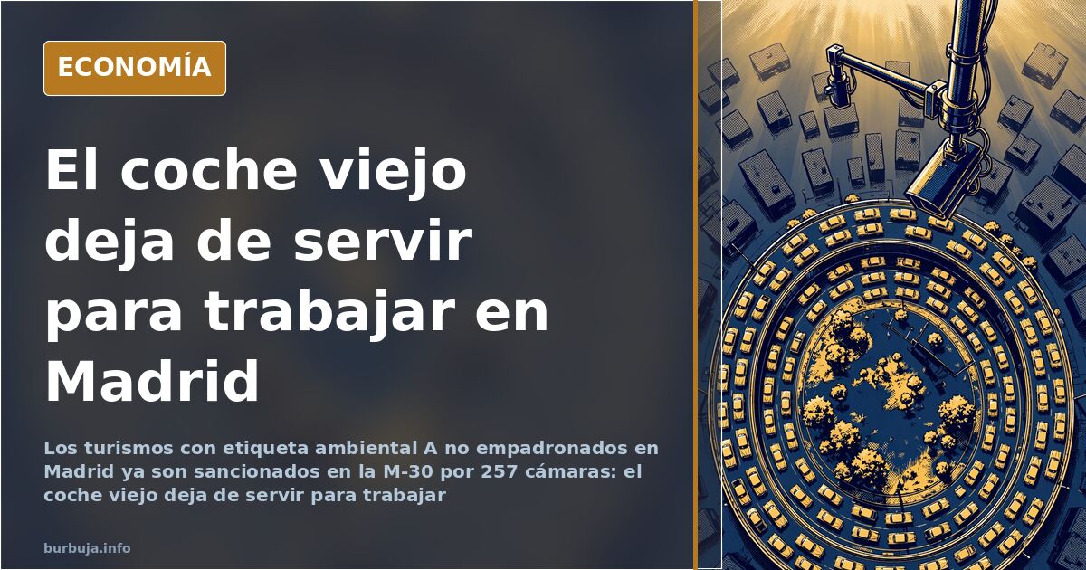 Vista de la M-30 de Madrid con cámaras de control de tráfico y coches antiguos circulando hacia el centro de la ciudad