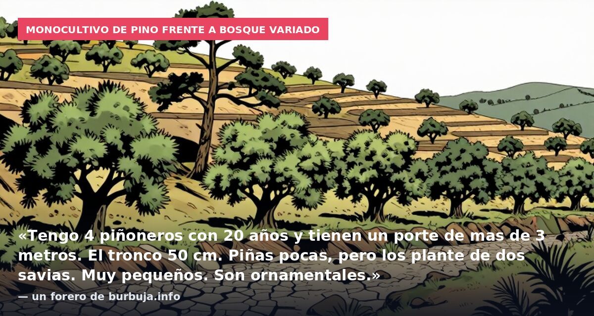 Monocultivo de pino frente a bosque variado: «Tengo 4 piñoneros con 20 años y tienen un porte de mas de 3 metros. El tronco 50 cm. Piñas pocas, pero los plante de dos savias. Muy pequeños. Son ornamentales.» — un forero de burbuja.info