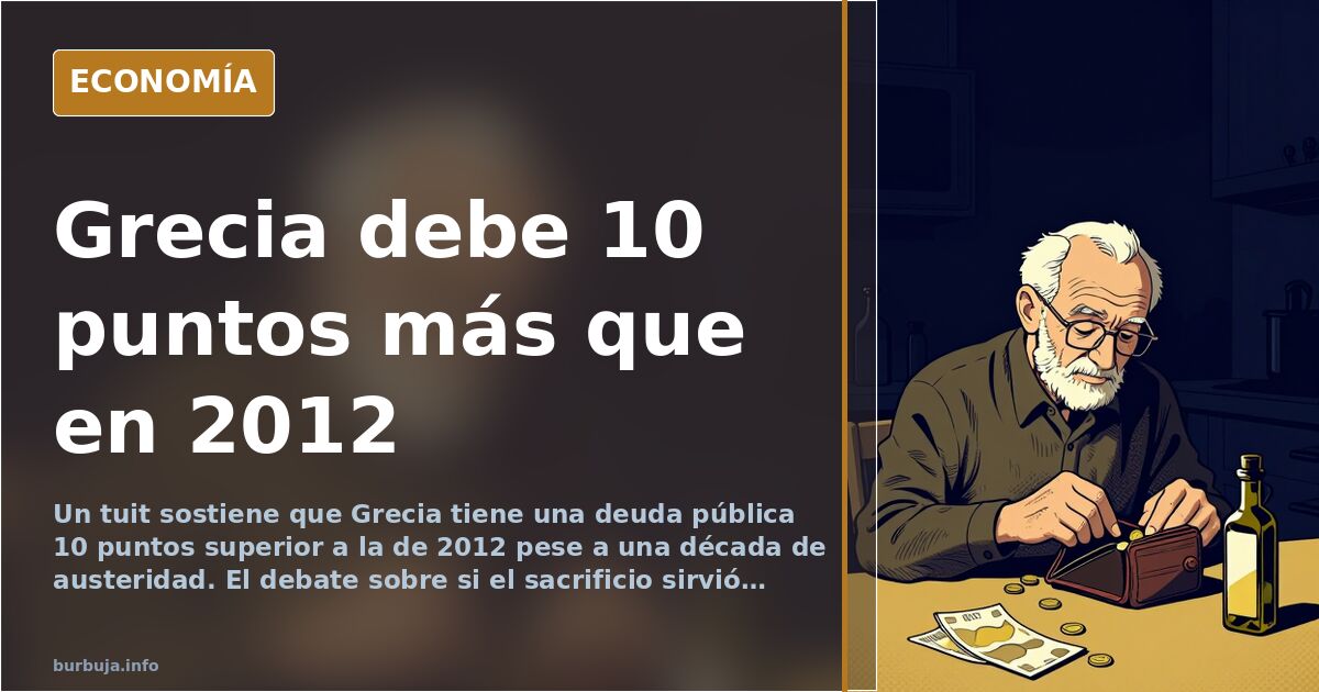 Ilustración editorial de un gráfico de deuda pública griega en ascenso con columnas y una bandera europea al fondo